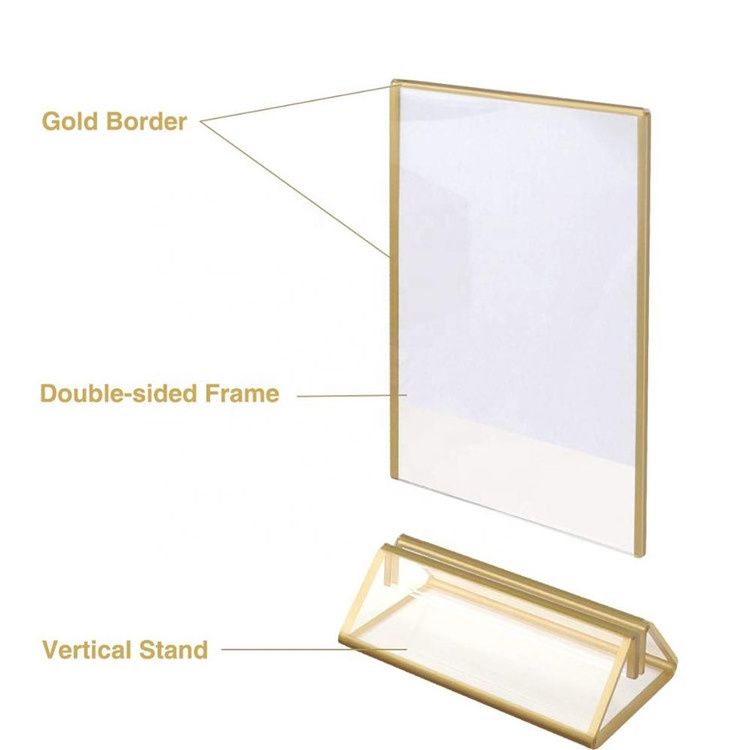 Custom table top gold border frame 4x6 5x7 8.5 x 11 menu display stand acrylic sign holder