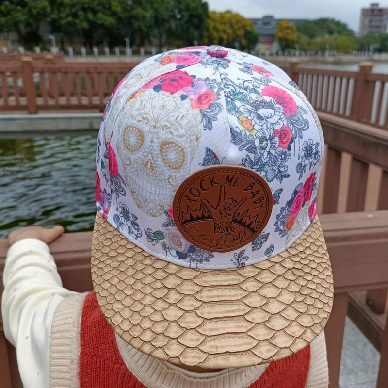 2023 New Embossed Leather Patch Kids Sports Caps Children Toddler Printed Flat Plastic Snap Back Hats