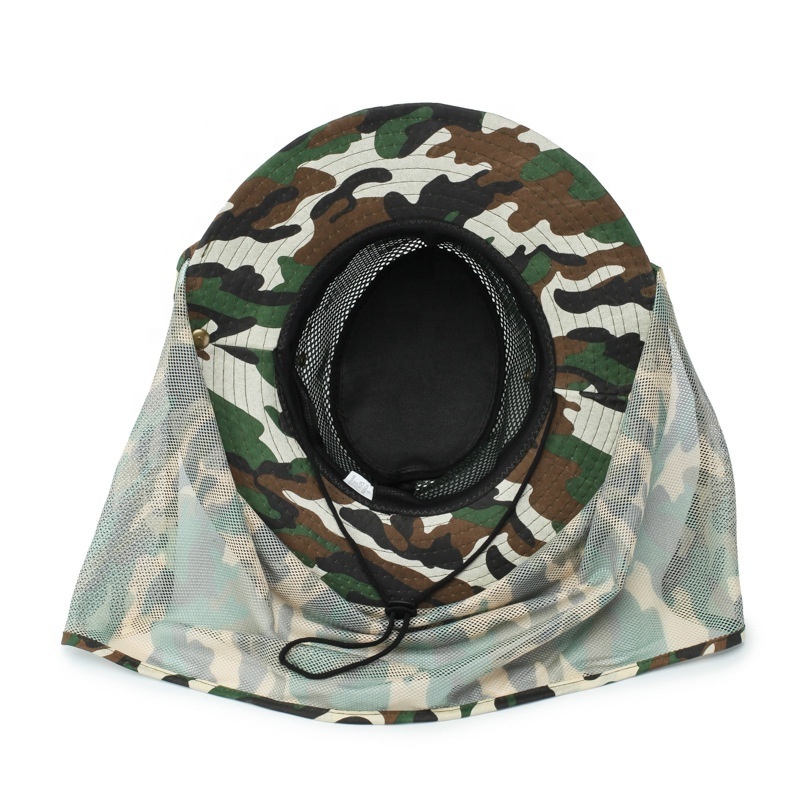 Large Brim High Top Bucket Hat Full Sublimation Print Camo Safari Fisherman Hat With Back Net Flap Neckshade Fishing Bucket Cap