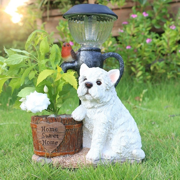 Custom design resin dog decor solar light animal decorative planter, animal decor garden planter solar light with flower pot