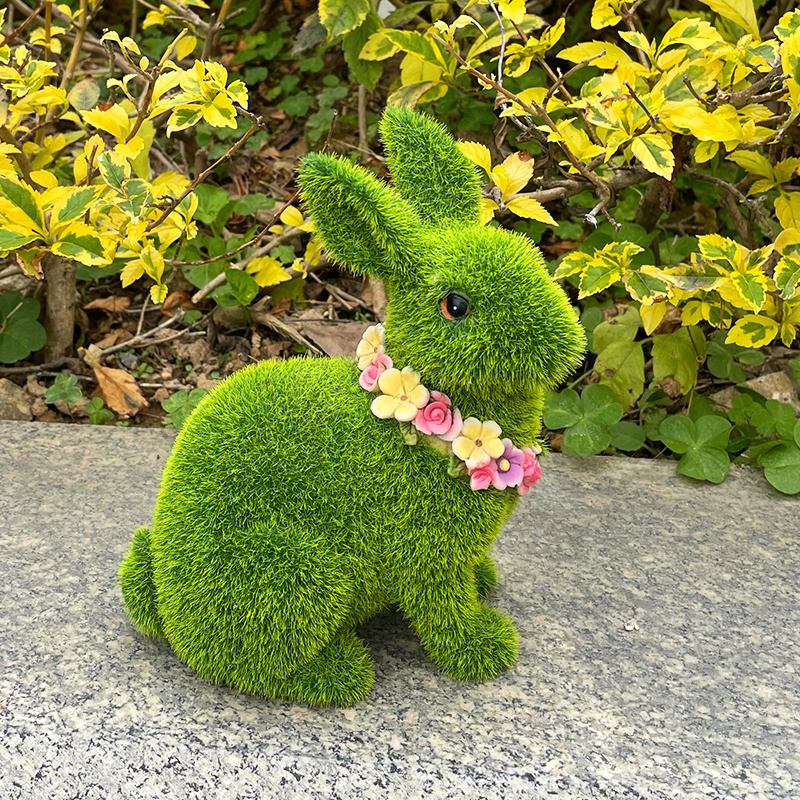 Custom Garden artificial moss animals flocked Rabbit easter bunny for decoration wholesale resin rabbit statue flocked bunny