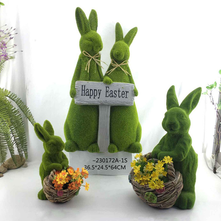 Wholesale Custom artificial moss animals rabbit flocked easter bunny for decoration