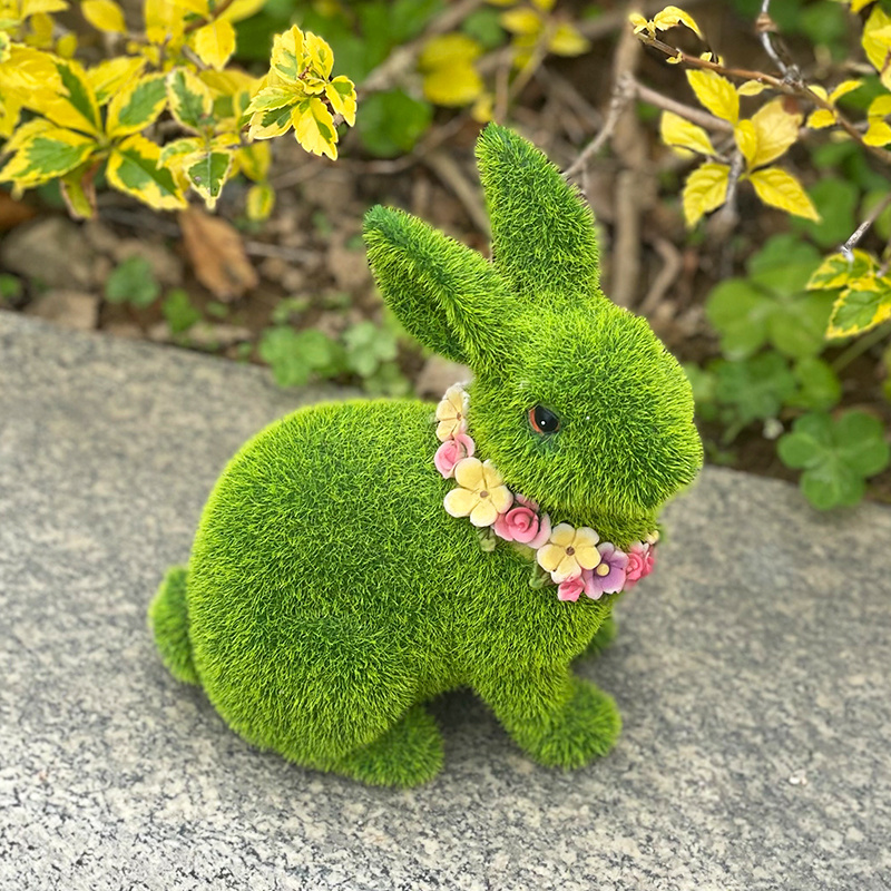 Custom Garden artificial moss animals flocked Rabbit easter bunny for decoration wholesale resin rabbit statue flocked bunny