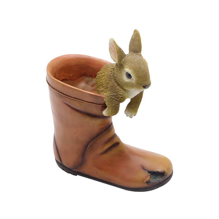 Custom design cute rabbits resin cowboy boot vase planter, out door garden decorations polyresin rabbit animal planter flowerpot