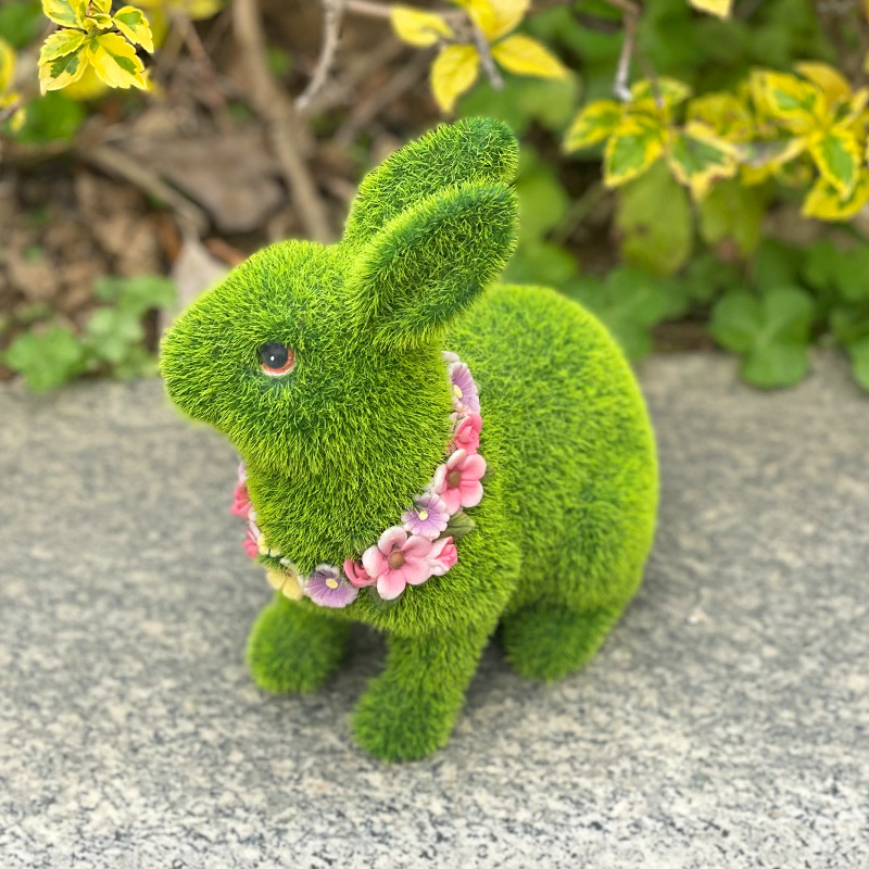 Custom Garden artificial moss animals flocked Rabbit easter bunny for decoration wholesale resin rabbit statue flocked bunny