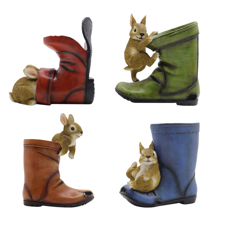 Custom design cute rabbits resin cowboy boot vase planter, out door garden decorations polyresin rabbit animal planter flowerpot