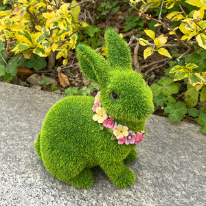 Custom Garden artificial moss animals flocked Rabbit easter bunny for decoration wholesale resin rabbit statue flocked bunny