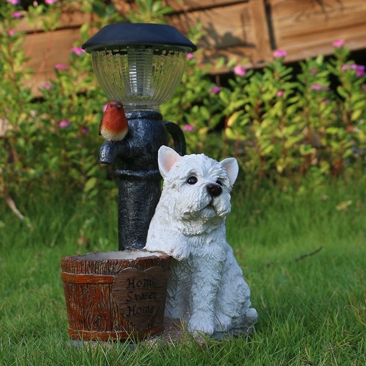 Custom design resin dog decor solar light animal decorative planter, animal decor garden planter solar light with flower pot