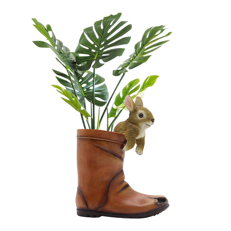 Custom design cute rabbits resin cowboy boot vase planter, out door garden decorations polyresin rabbit animal planter flowerpot