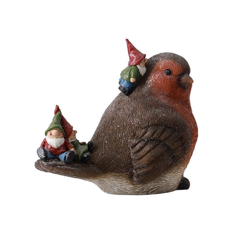 custom design handmade resin xmas ornament, christmas decoration craft xmas robin bird with mini gnome/