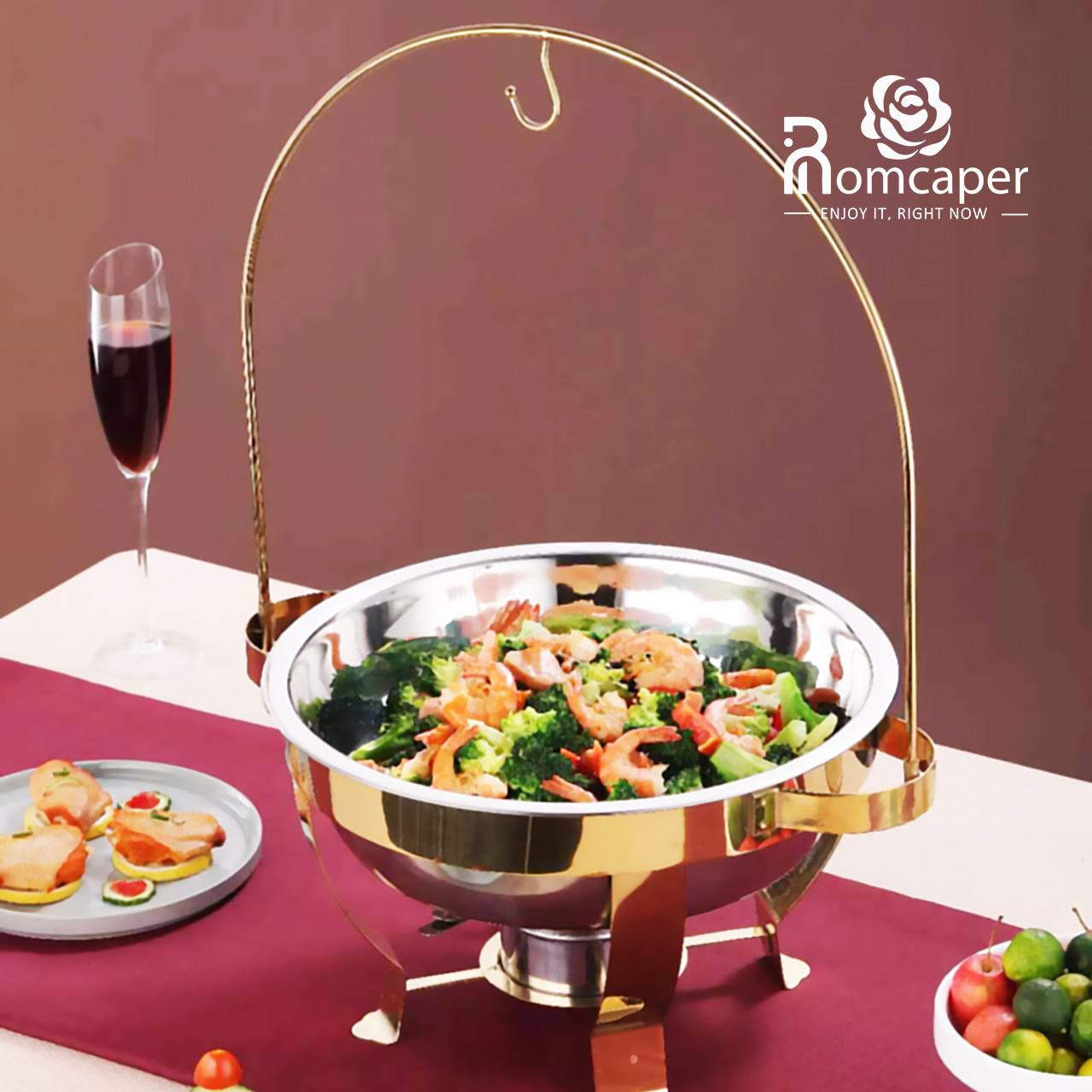 Chaffing dish 8l double pot copper and brass hammered stainless steel round chafing dishes buffet set with hanging lid