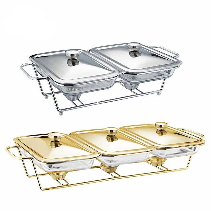 2/3 Connected Rectangular Ceramic Food Warmer Nordic Gold Silver Hot Pot Candle Fire Heated Food Warmer Set