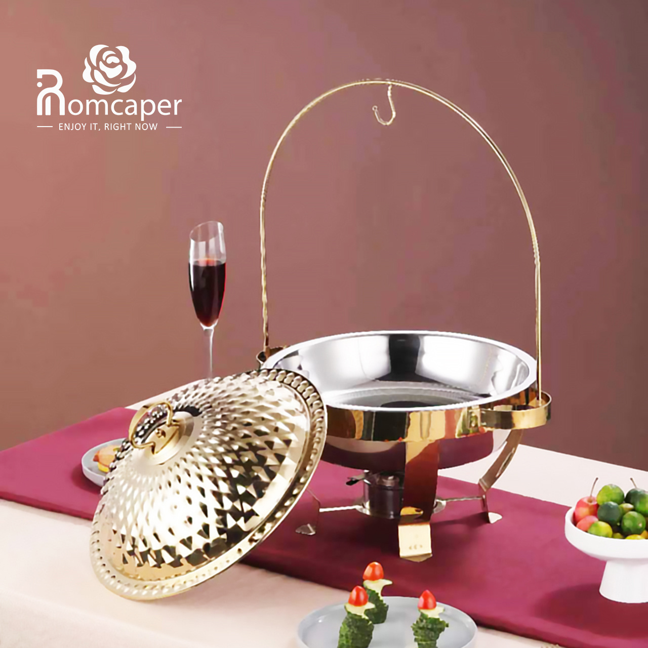 Chaffing dish 8l double pot copper and brass hammered stainless steel round chafing dishes buffet set with hanging lid