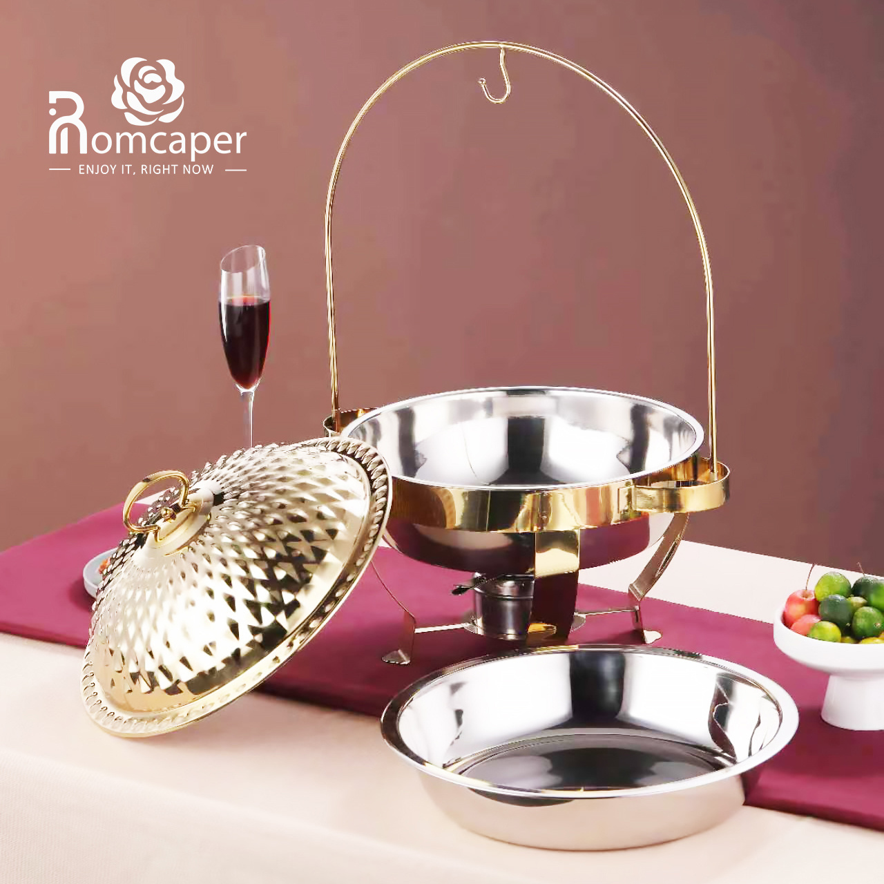 Chaffing dish 8l double pot copper and brass hammered stainless steel round chafing dishes buffet set with hanging lid