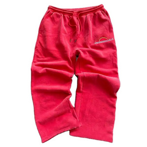 Embroidery Unisex Custom Knitted Fleece Baggy Straight Leg Red Sweatpants Men Vintage Acid Wash Heavy Weight Flared Joggers