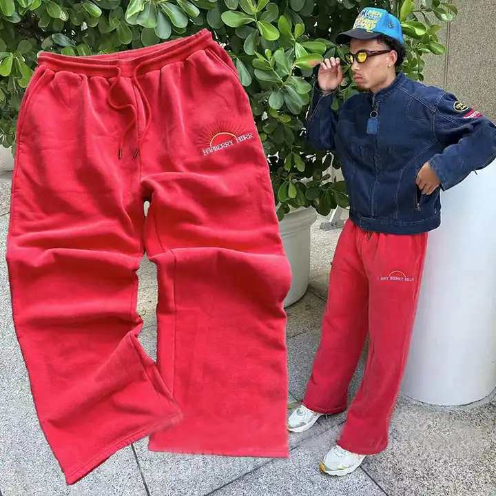 Embroidery Unisex Custom Knitted Fleece Baggy Straight Leg Red Sweatpants Men Vintage Acid Wash Heavy Weight Flared Joggers