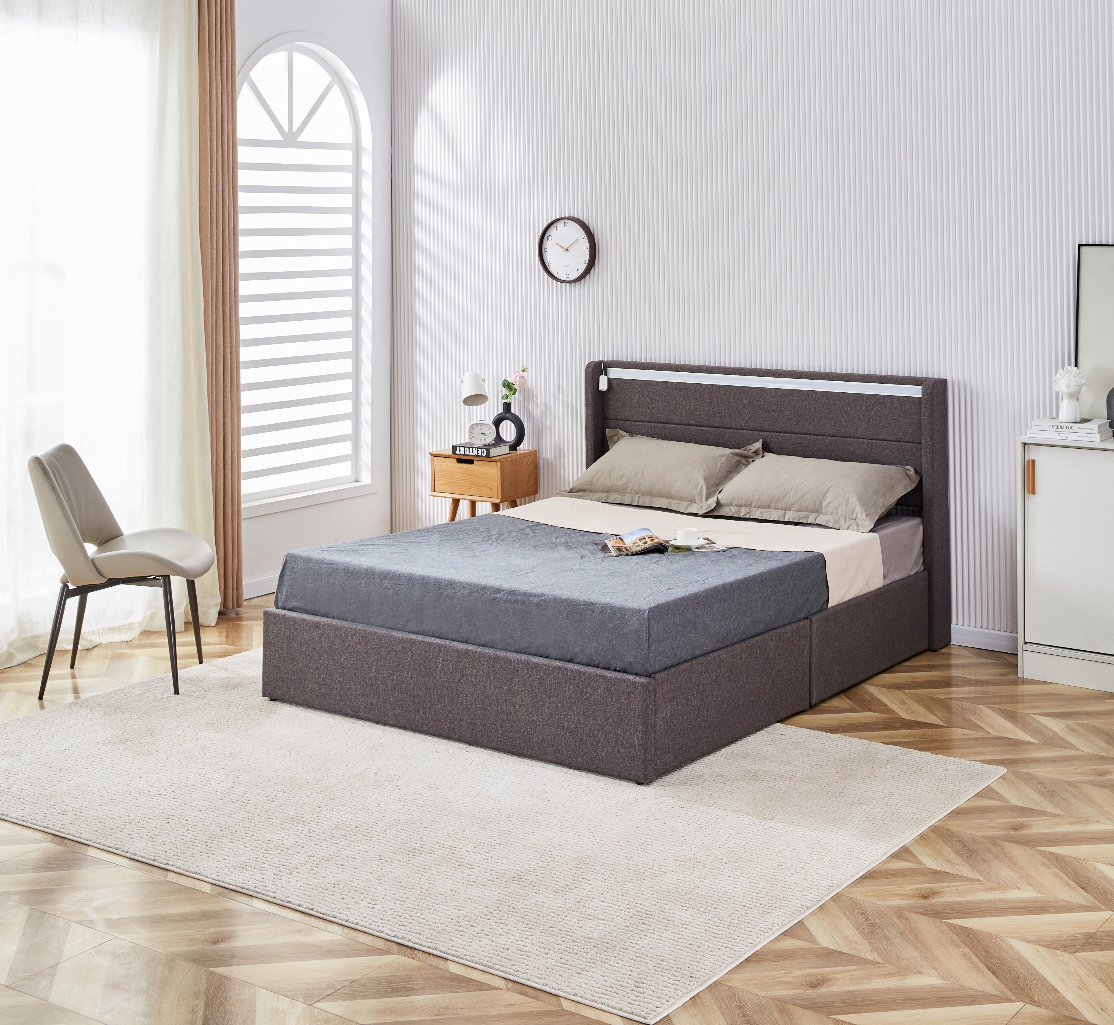 Upholstered bed with drawers with wooden slats, easy to assemble, factory direct,with LED and USB charge.