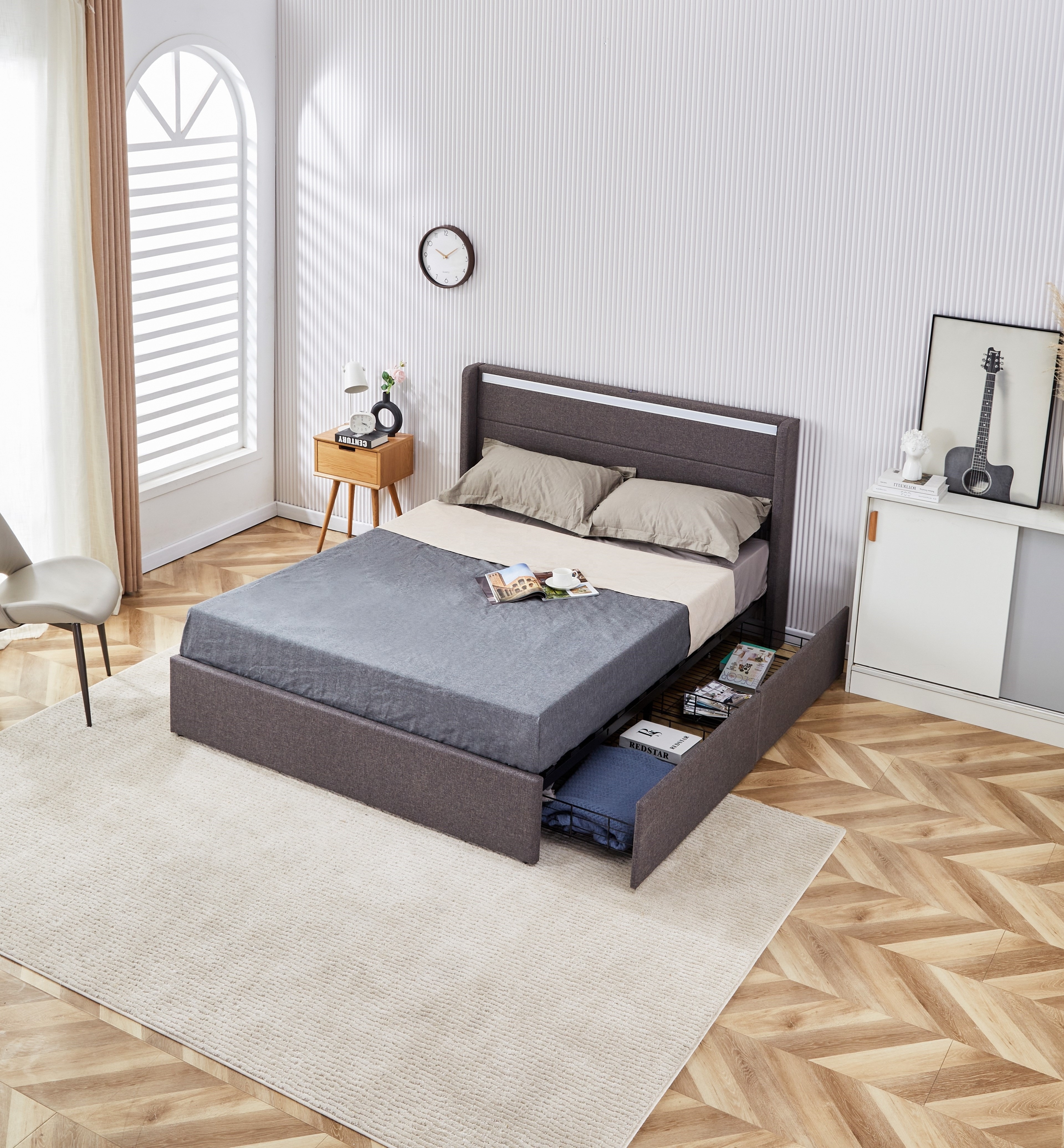 Upholstered bed with drawers with wooden slats, easy to assemble, factory direct,with LED and USB charge.