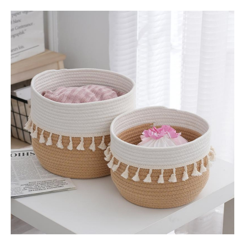 Eco-Friendly Boho Decorative Cotton Rope Basket Cute Woven Tassel Tall Closet Storage Organizer for Gift Baskets