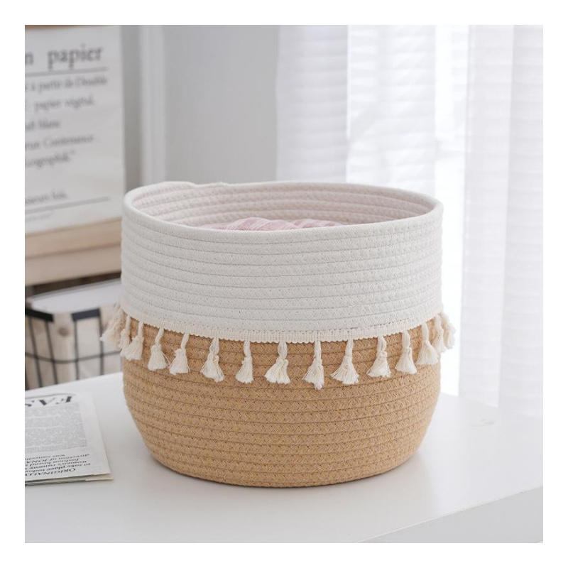 Eco-Friendly Boho Decorative Cotton Rope Basket Cute Woven Tassel Tall Closet Storage Organizer for Gift Baskets