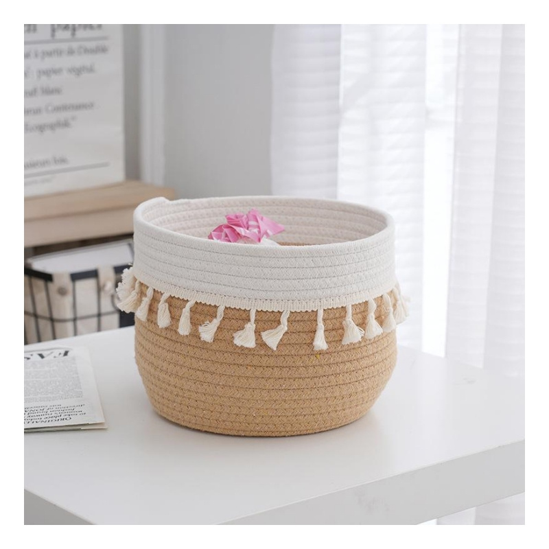 Eco-Friendly Boho Decorative Cotton Rope Basket Cute Woven Tassel Tall Closet Storage Organizer for Gift Baskets