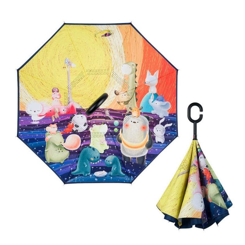 Kinder Cartoon Umbrella with Custom Logo Safe Manual Control for Children Smart Reverse Upside-down Polyester inside C Handle