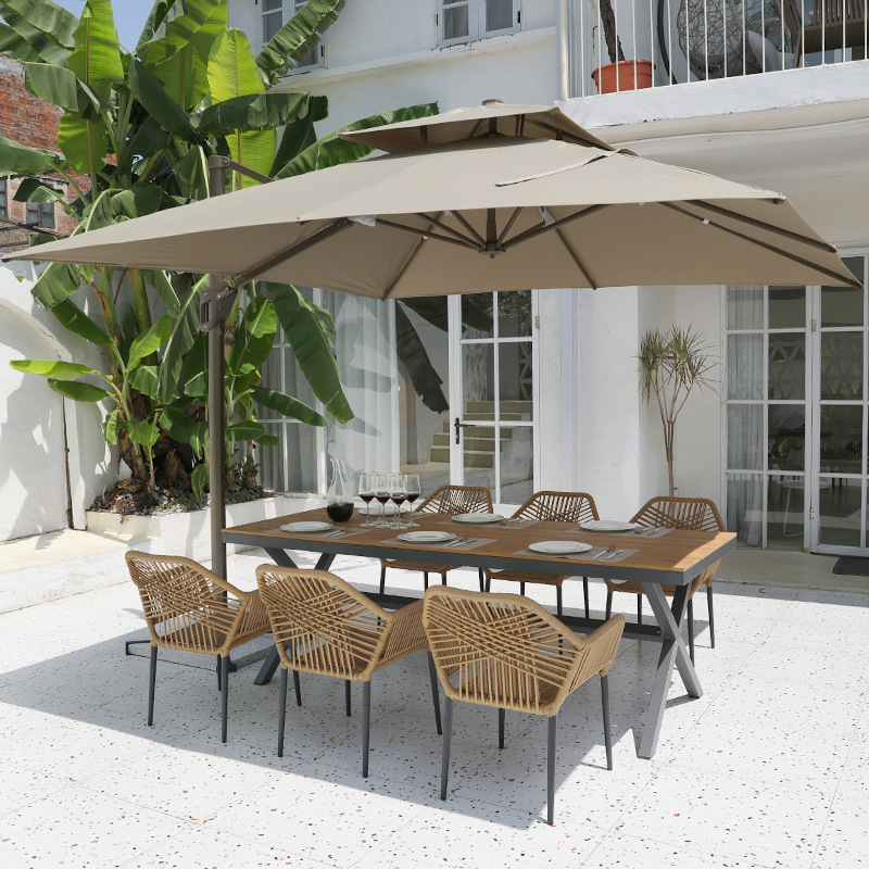 outdoor metal rope weave Wicker restaurant patio marble dining table with chair Nordic Leisure Outdoor Rattan Tables And Chairs