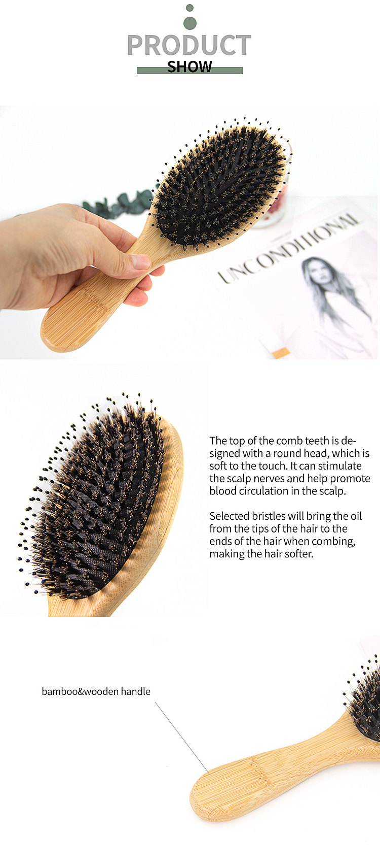 Top Selling Eco Friendly Natural Bamboo Wood Paddle Detangler Extension Boar Bristle  Hair brush with Custom Logo for Women