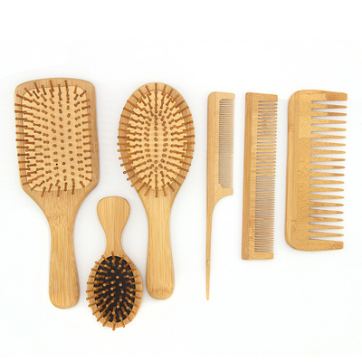 Natural Wooden Bamboo Detangling Hair Styling Brush and Comb Set