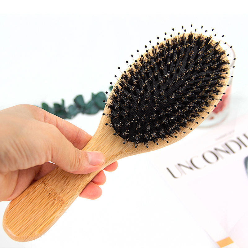 Top Selling Eco Friendly Natural Bamboo Wood Paddle Detangler Extension Boar Bristle  Hair brush with Custom Logo for Women