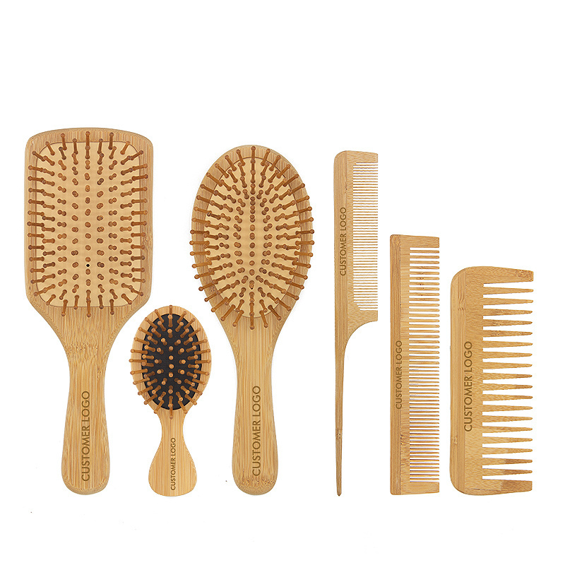 Natural Wooden Bamboo Detangling Hair Styling Brush and Comb Set