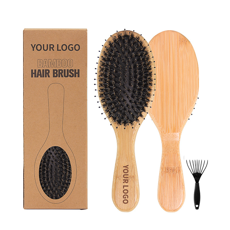 Top Selling Eco Friendly Natural Bamboo Wood Paddle Detangler Extension Boar Bristle  Hair brush with Custom Logo for Women