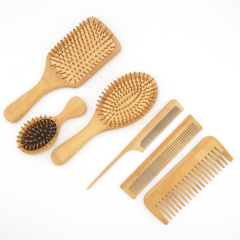 Natural Wooden Bamboo Detangling Hair Styling Brush and Comb Set