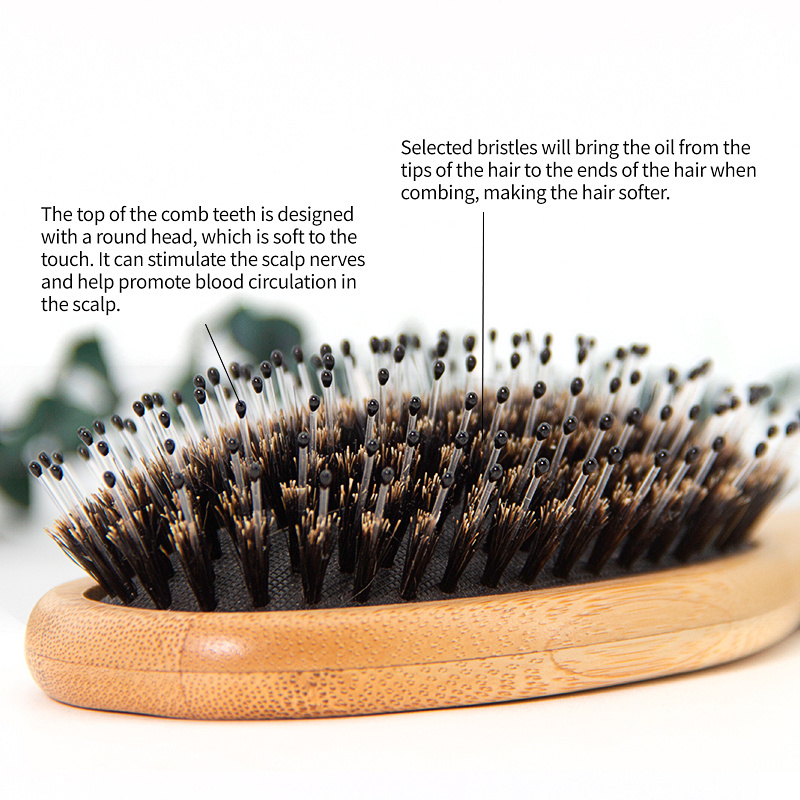 Top Selling Eco Friendly Natural Bamboo Wood Paddle Detangler Extension Boar Bristle  Hair brush with Custom Logo for Women