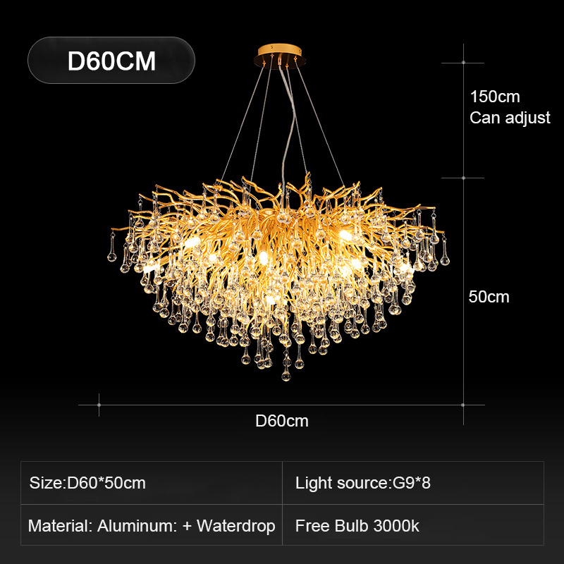 Modern gold black chrome round tree droplet chandelier crystal lamp luxury raindrop chandelier for living room bedroom