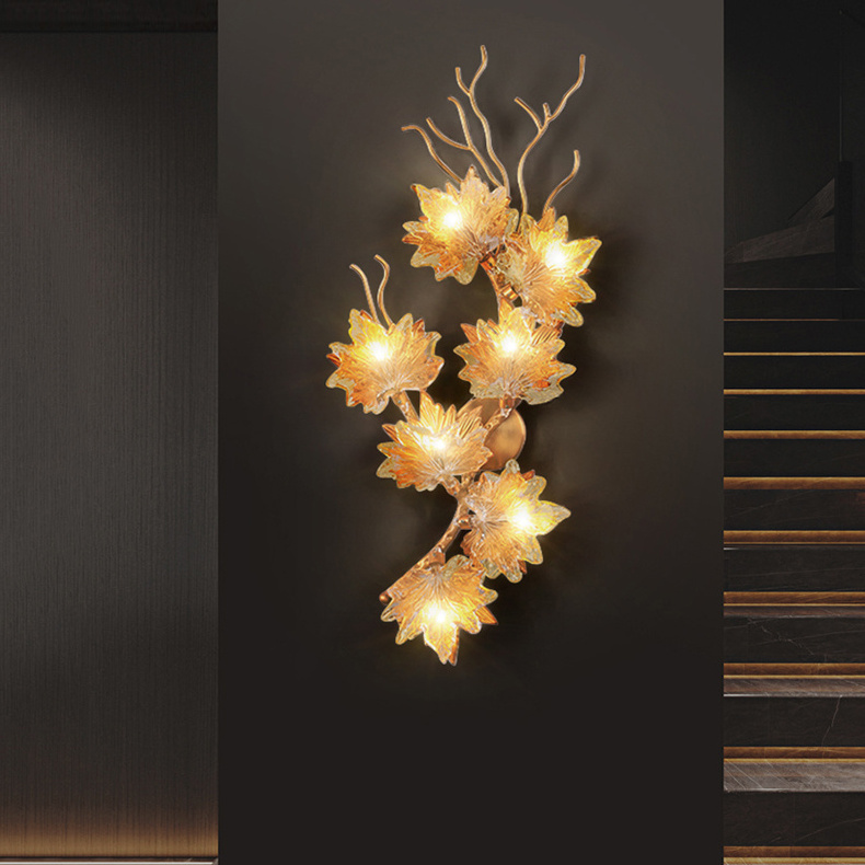 Factory wholesale new luxury indoor brass maple leaf wall lamp for hotel bedside aisle wall sconce