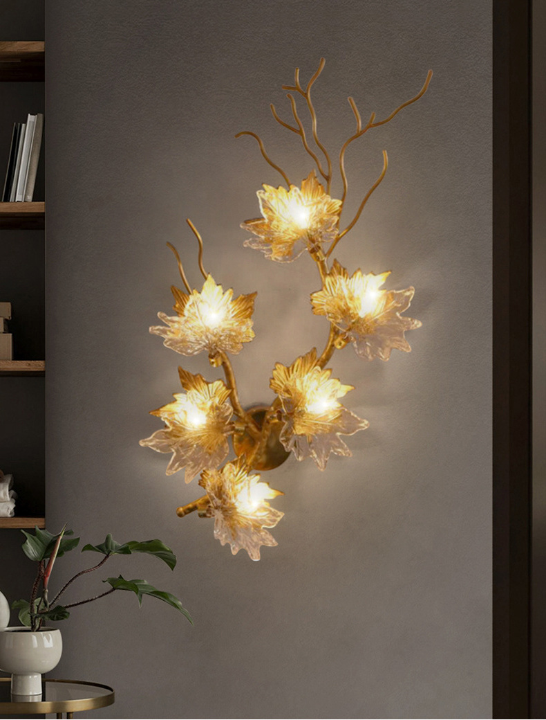 Factory wholesale new luxury indoor brass maple leaf wall lamp for hotel bedside aisle wall sconce