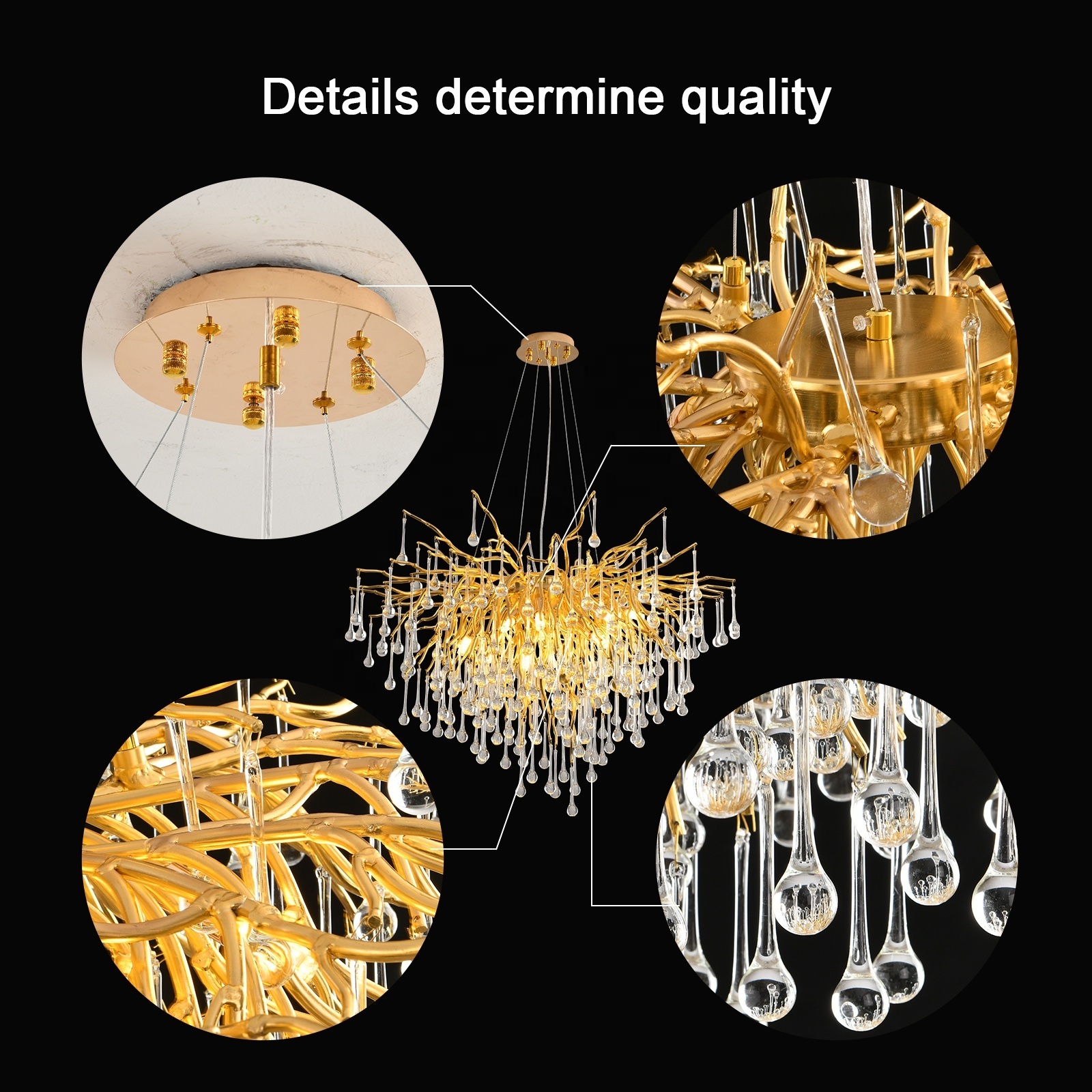 Modern gold black chrome round tree droplet chandelier crystal lamp luxury raindrop chandelier for living room bedroom