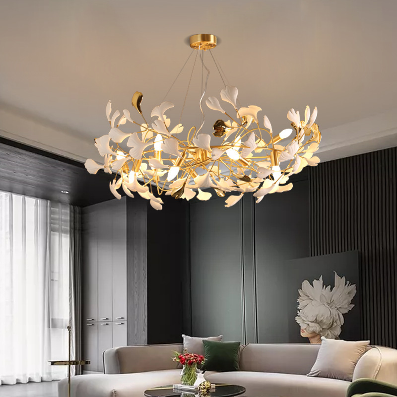 All copper ceramic ginkgo leaf luxury chandelier living room dining room lamp hotel lobby villa staircase art chandelier