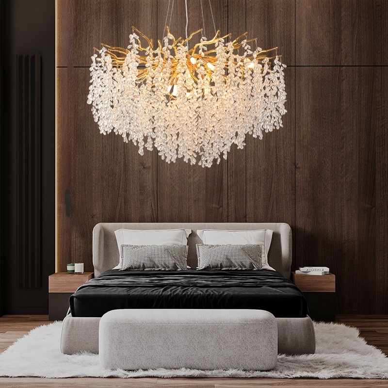 Modern Crystal Chandeliers for Dining Room Luxury Kitchen Island Light Fixture Round Gold Tree Branch Chandelier