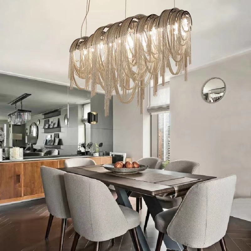 Italian art design restaurant hotel luxury golden aluminum chain fringed oval chandelier