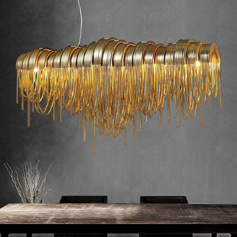 Italian art design restaurant hotel luxury golden aluminum chain fringed oval chandelier