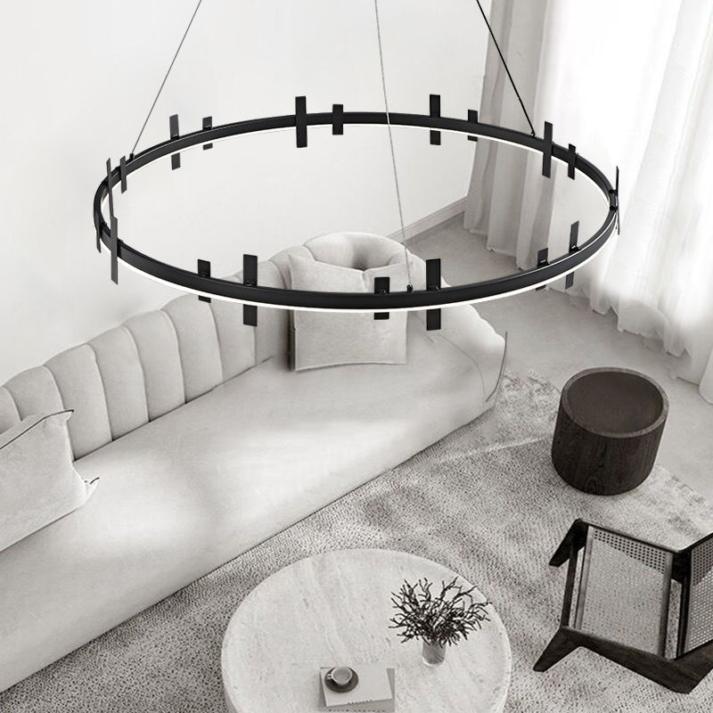 Modern simple ring D60CM chandelier living room bedroom LED copper lamp black pendant light