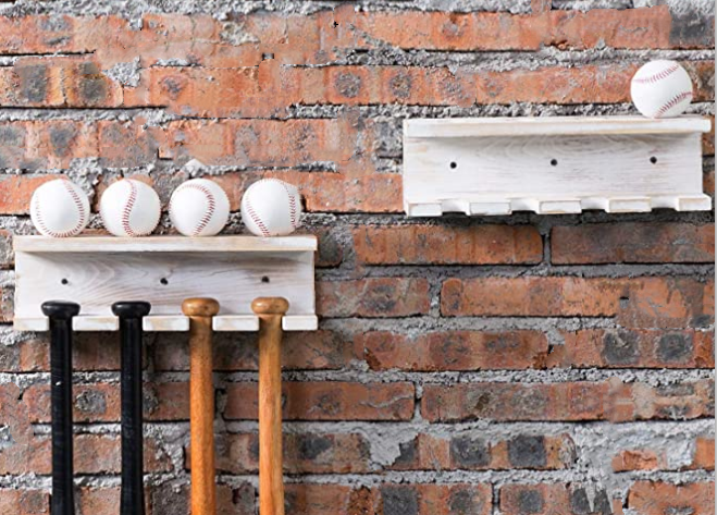 Custom Wall Mounted Wood Baseball Bat Rack Ball Storage Shelf