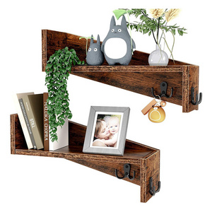 Small Wall Mounted Hanging Shelves Rustic Wood Wall Shelf with Coat Hooks for Home Decor Storage