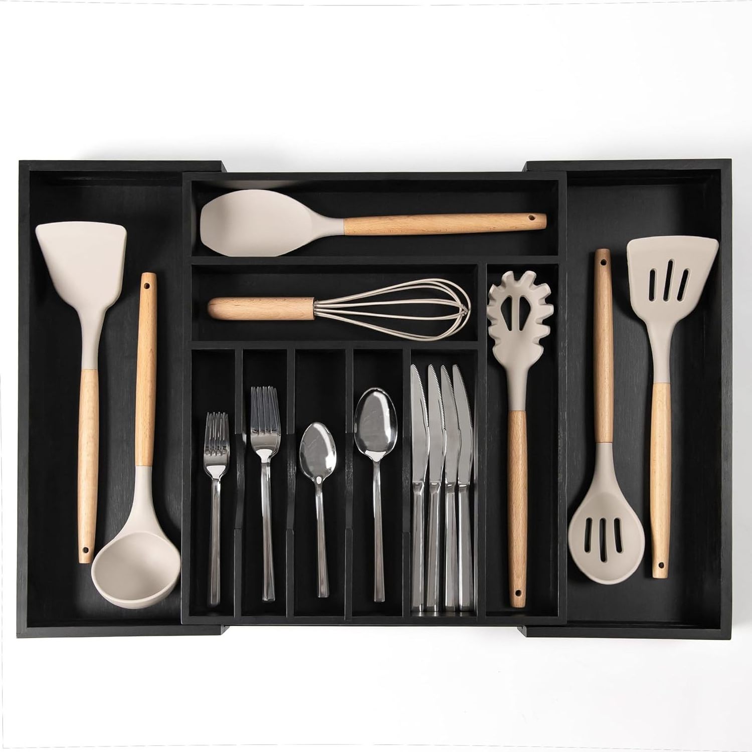 Expandable Wood Bamboo Flatware and Utensil Organizer for Kitchen Drawers