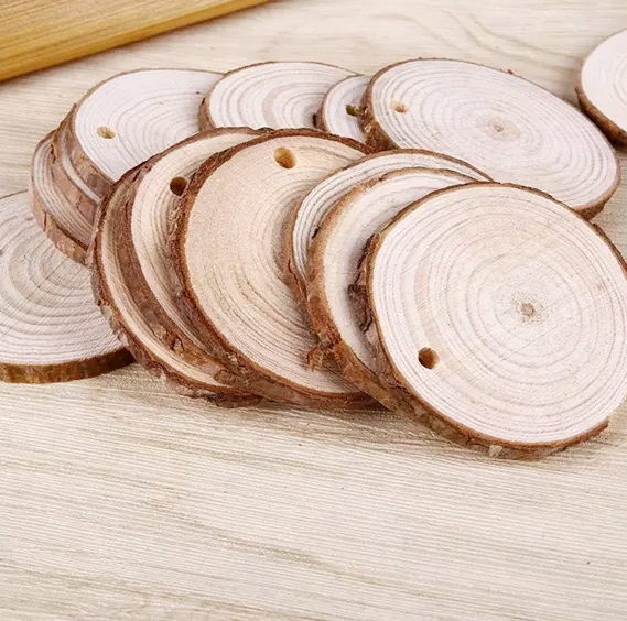 Solid Wood Slices with Tree Bark and round Circles for DIY Craft Ornaments