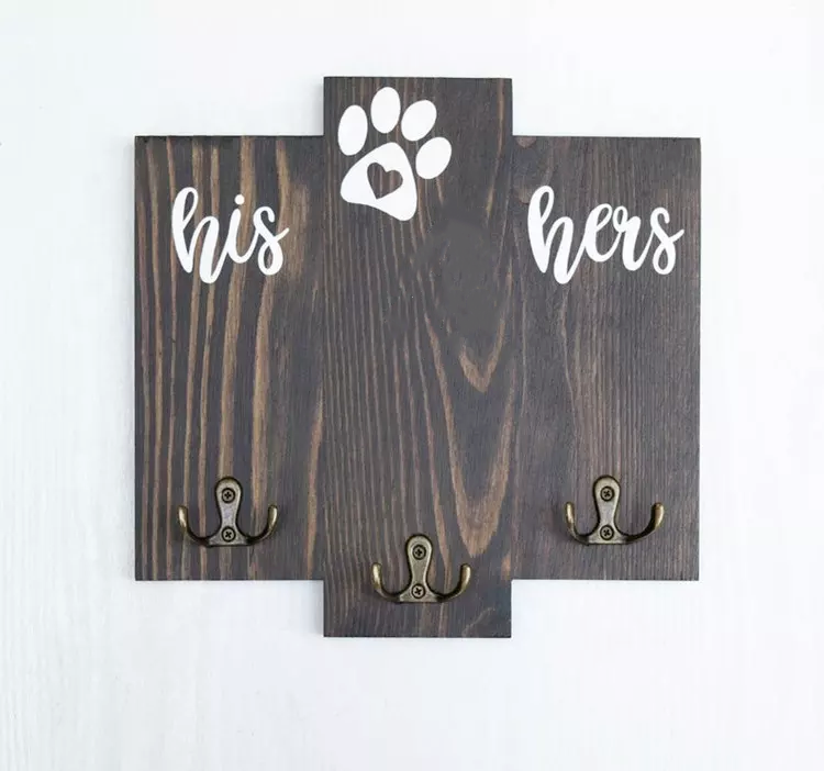 Custom farmhouse wood wall hanging dog key and leash holder