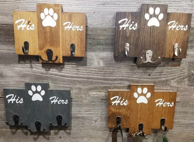 Custom farmhouse wood wall hanging dog key and leash holder