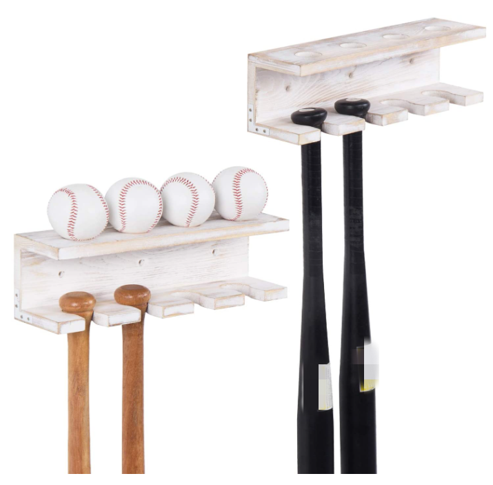 Custom Wall Mounted Wood Baseball Bat Rack Ball Storage Shelf